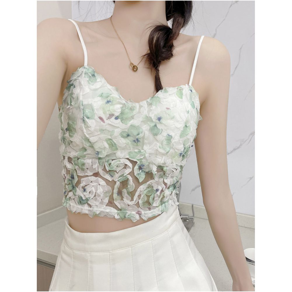 French floral open navel sexy tight fitting camisole vest for women Ladies slim fit camisole vest image 2