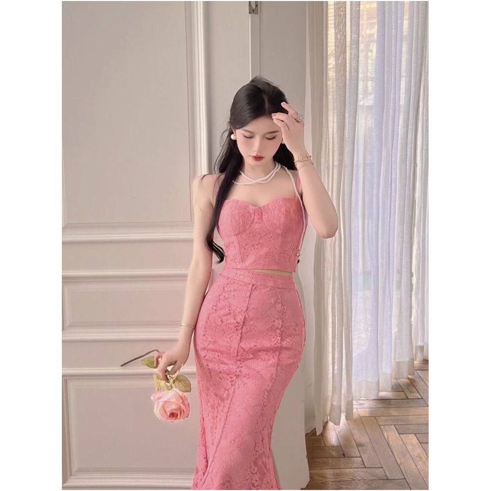 2025 Summer Pure Desire Spicy Girl Little Fragrant Wind Fish Tail Half Skirt Female Sexy Vest Show Thin Fashion socialite Two Piece Set image 2