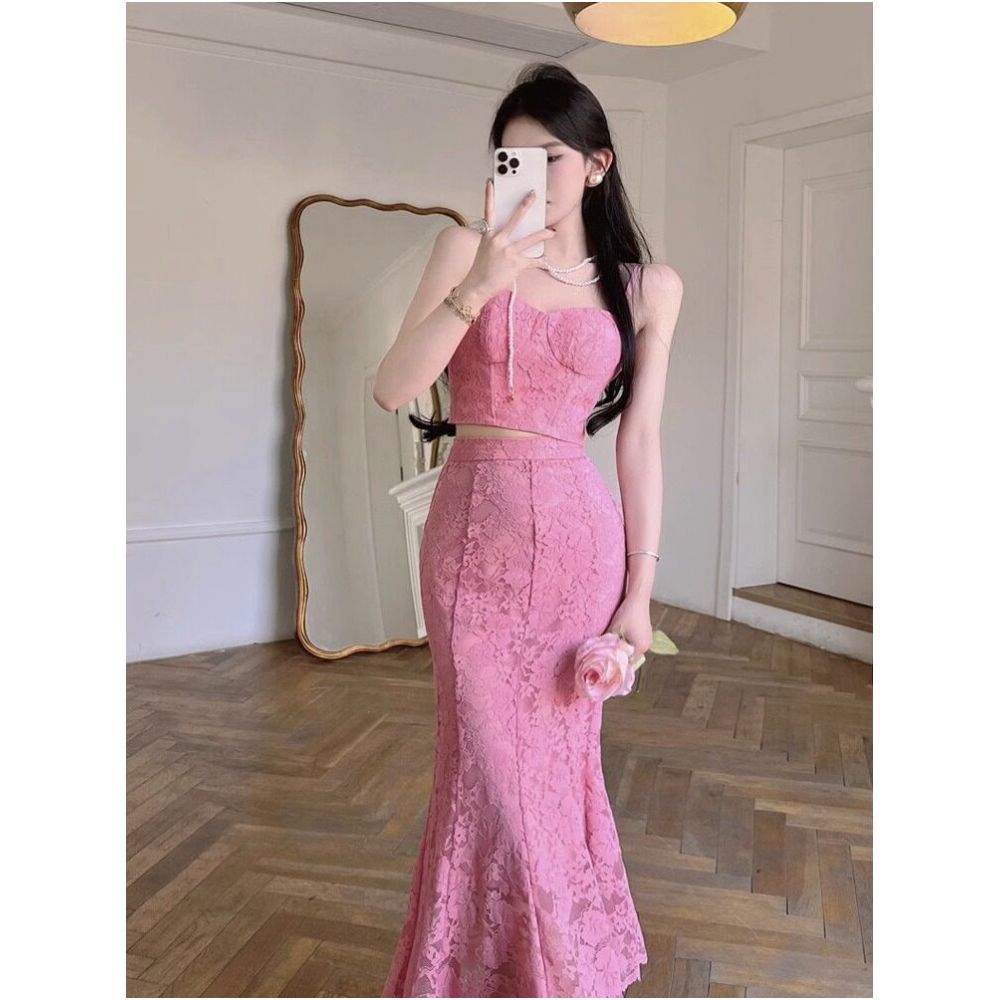 2025 Summer Pure Desire Spicy Girl Little Fragrant Wind Fish Tail Half Skirt Female Sexy Vest Show Thin Fashion socialite Two Piece Set image 4