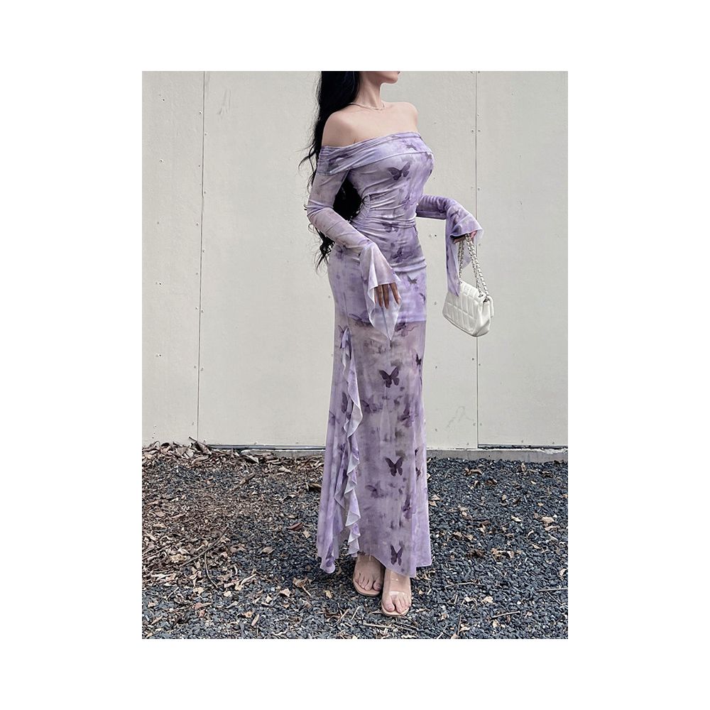 New Chinese style retro one shoulder purple printed skirt for ladies high end dress women s slit temperament fishtail skirt image 1