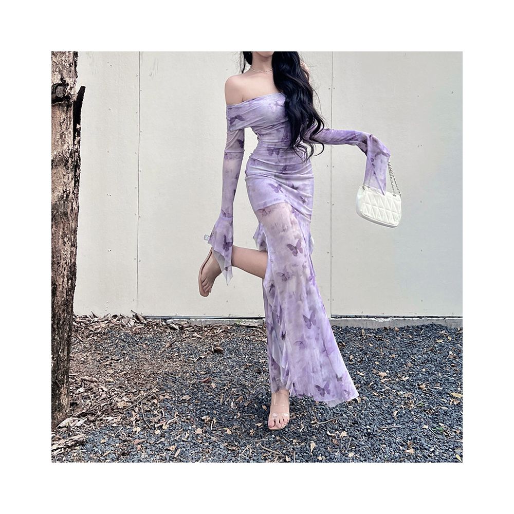 New Chinese style retro one shoulder purple printed skirt for ladies high end dress women s slit temperament fishtail skirt