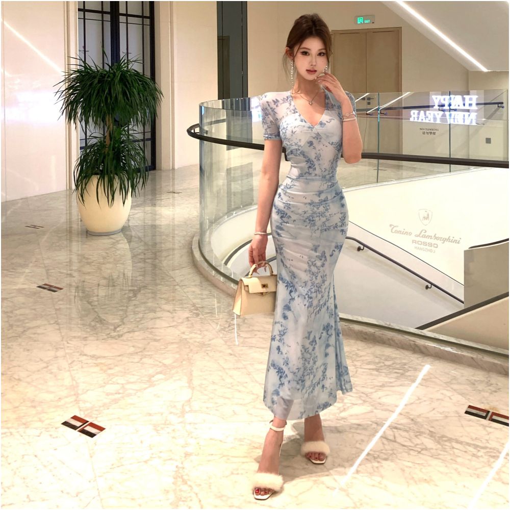 Pure desire style sexy V neck short sleeved printed dress spicy girl slim fit waist bag buttocks fish tail inner skirt image 3