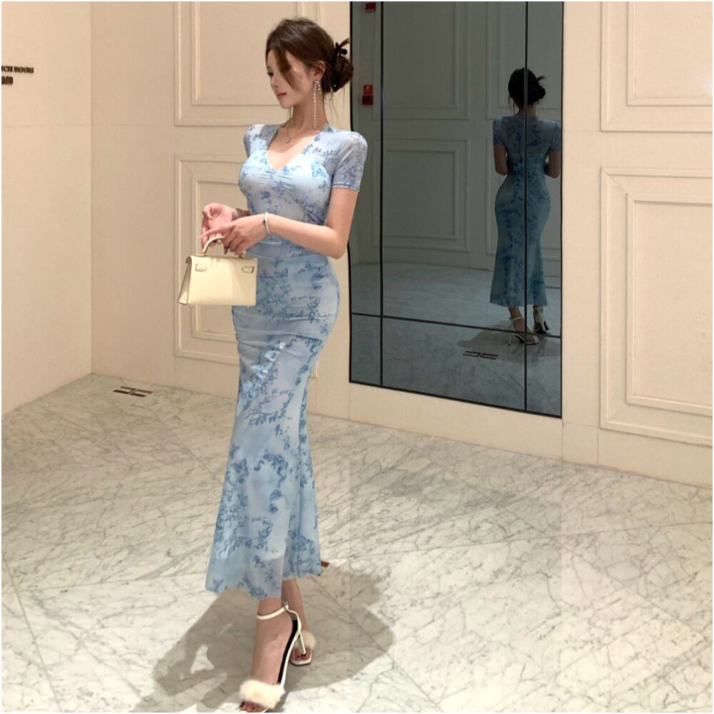 Pure desire style sexy V neck short sleeved printed dress spicy girl slim fit waist bag buttocks fish tail inner skirt image 4