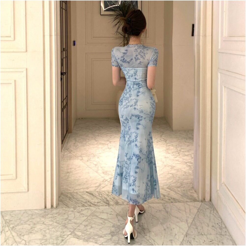 Pure desire style sexy V neck short sleeved printed dress spicy girl slim fit waist bag buttocks fish tail inner skirt image 5