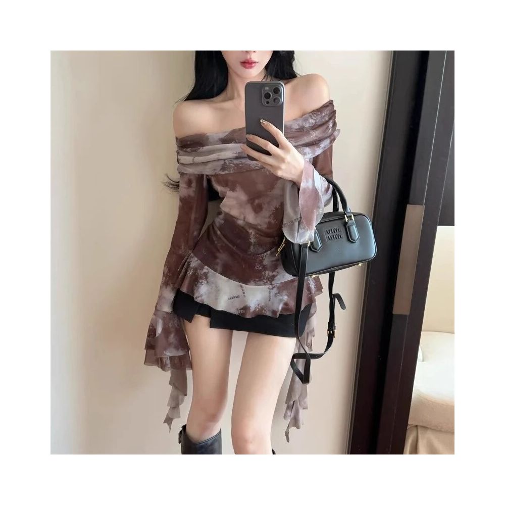 American retro design with flared sleeves and a single collar dyed mesh T shirt summer irregular ribbon sun protection top image 3