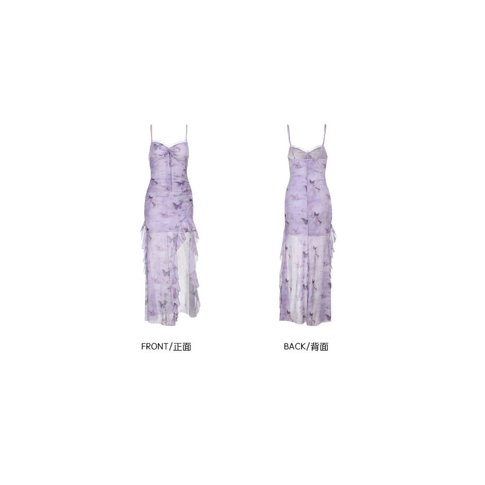 Vacation style butterfly print purple suspender skirt for women s summer new style spicy girl with waist cinched and ruffled edge design long skirt image 4