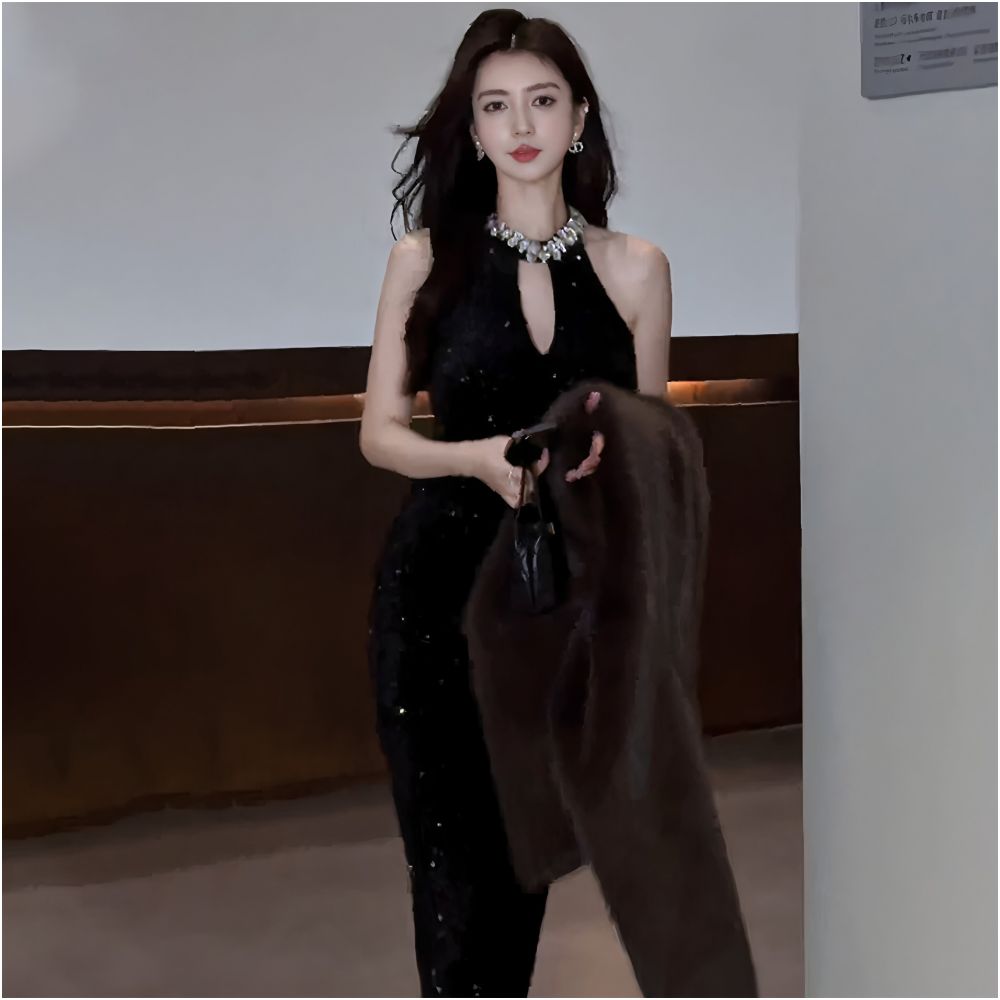High end exquisite diamond studded sequin banquet dress with a high end touch featuring a sophisticated cut and hollowed out neck hanging dress image 2