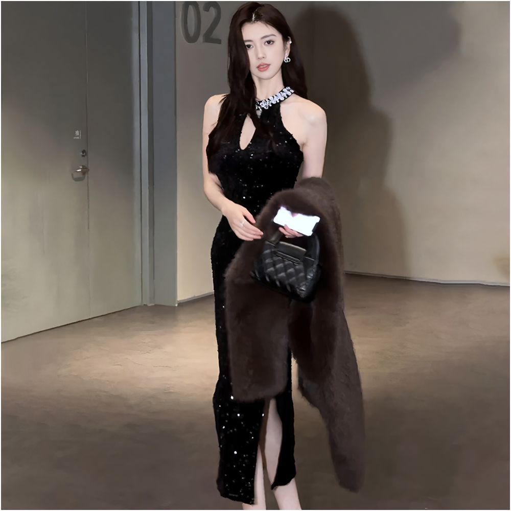 High end exquisite diamond studded sequin banquet dress with a high end touch featuring a sophisticated cut and hollowed out neck hanging dress image 3