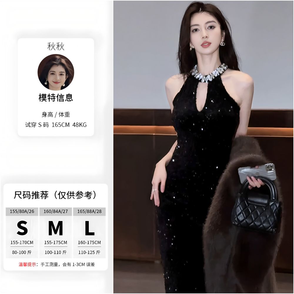 High end exquisite diamond studded sequin banquet dress with a high end touch featuring a sophisticated cut and hollowed out neck hanging dress image 0