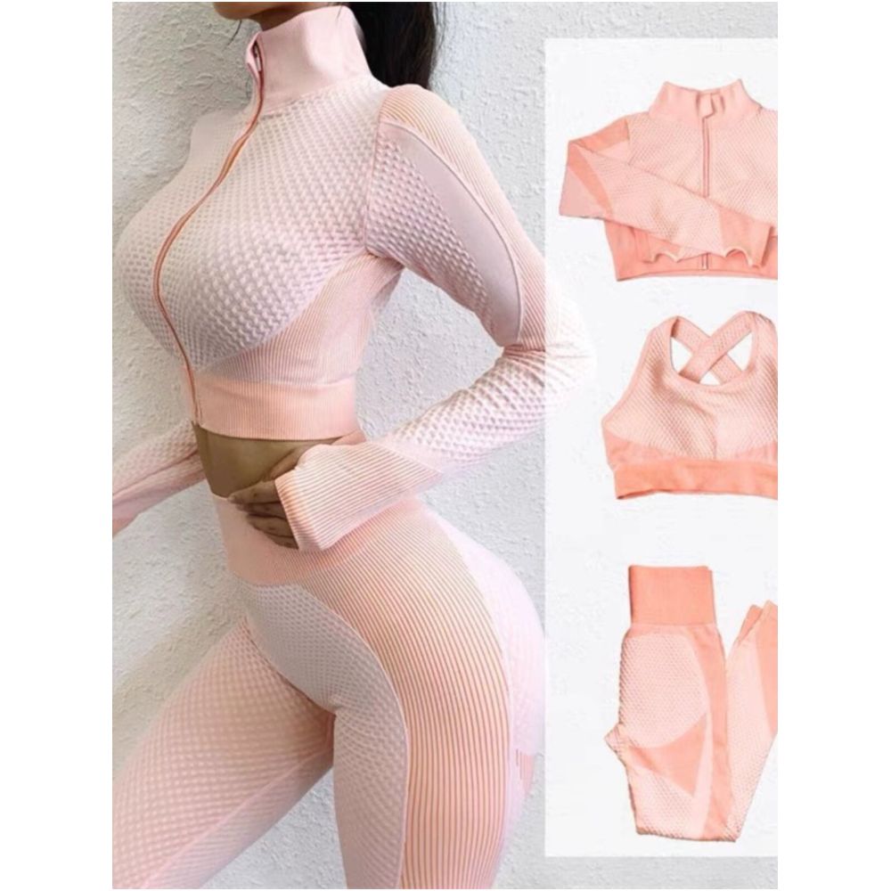 Hot selling seamless knitted peach buttocks fitness and yoga suit from Europe and America three piece set for autumn and winter image 1