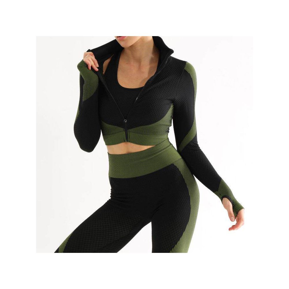 European and American Peach Hip Fitness Set Women s High Waist Yoga Pants Quick Drying Seamless Sports Coat Bra Three Piece Set image 0