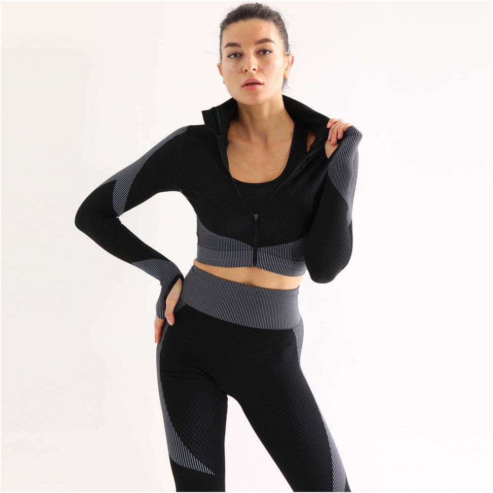 European and American Peach Hip Fitness Set Women s High Waist Yoga Pants Quick Drying Seamless Sports Coat Bra Three Piece Set image 1