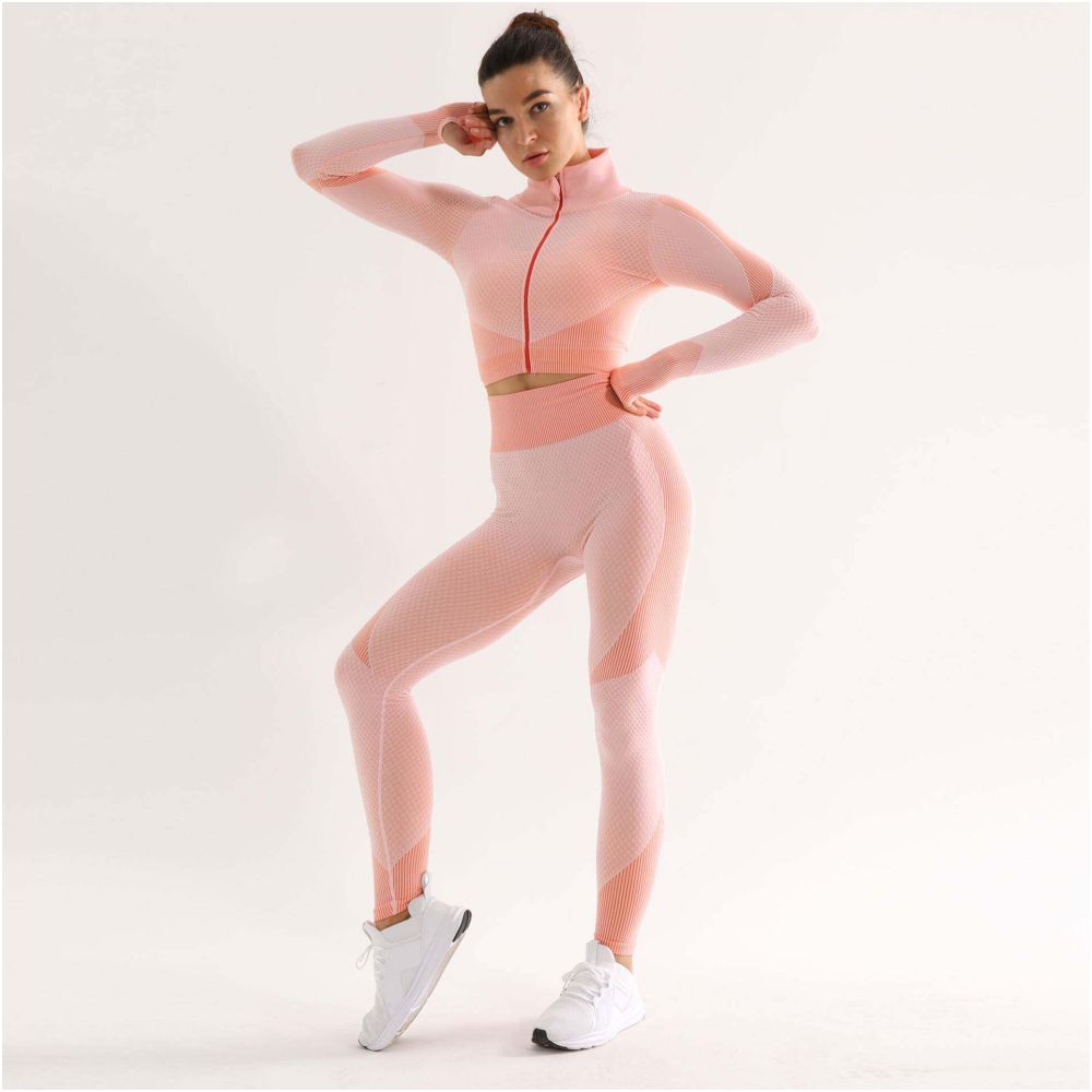European and American Peach Hip Fitness Set Women s High Waist Yoga Pants Quick Drying Seamless Sports Coat Bra Three Piece Set image 3