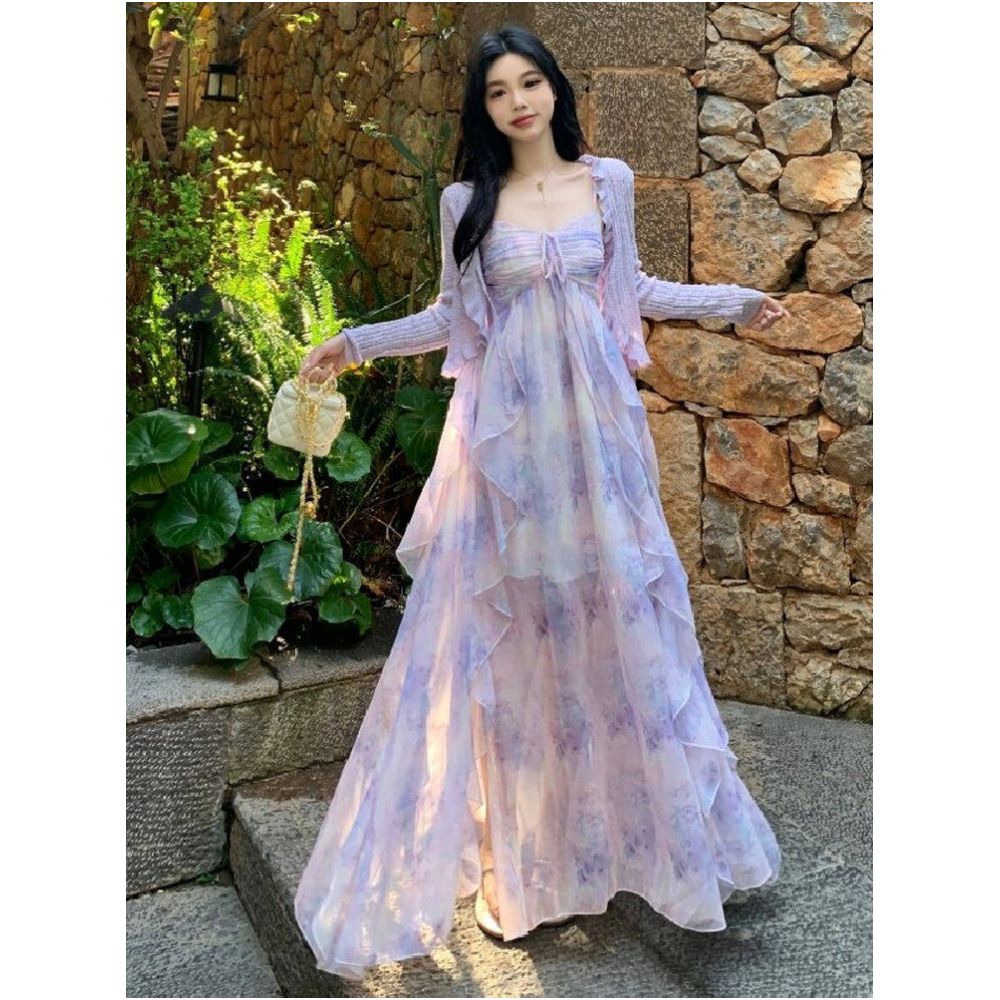 French style exquisite fairy like purple chiffon camisole dress for women in summer plus size fat mm with a flowing and elegant ruffled edge dress image 0