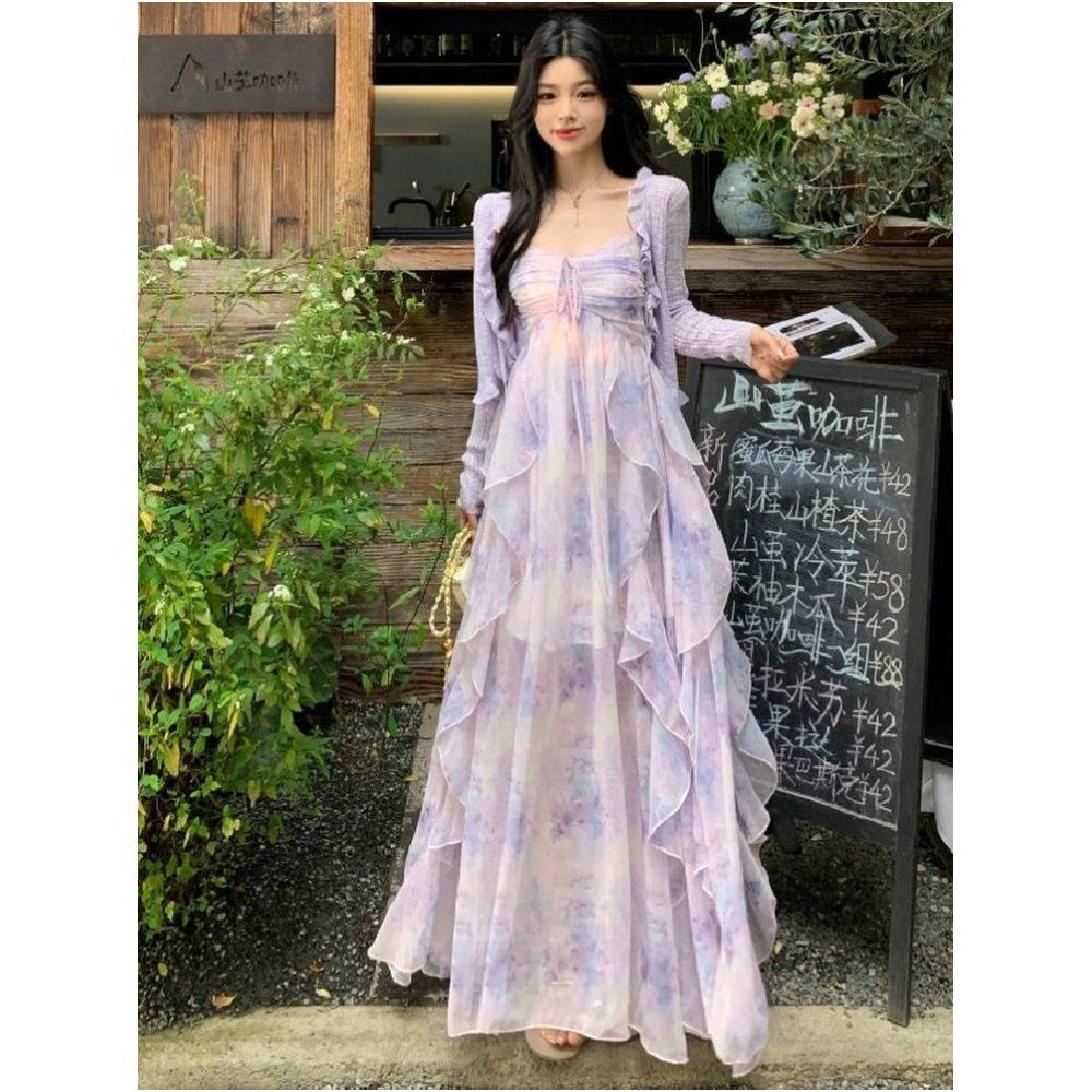 French style exquisite fairy like purple chiffon camisole dress for women in summer plus size fat mm with a flowing and elegant ruffled edge dress image 1