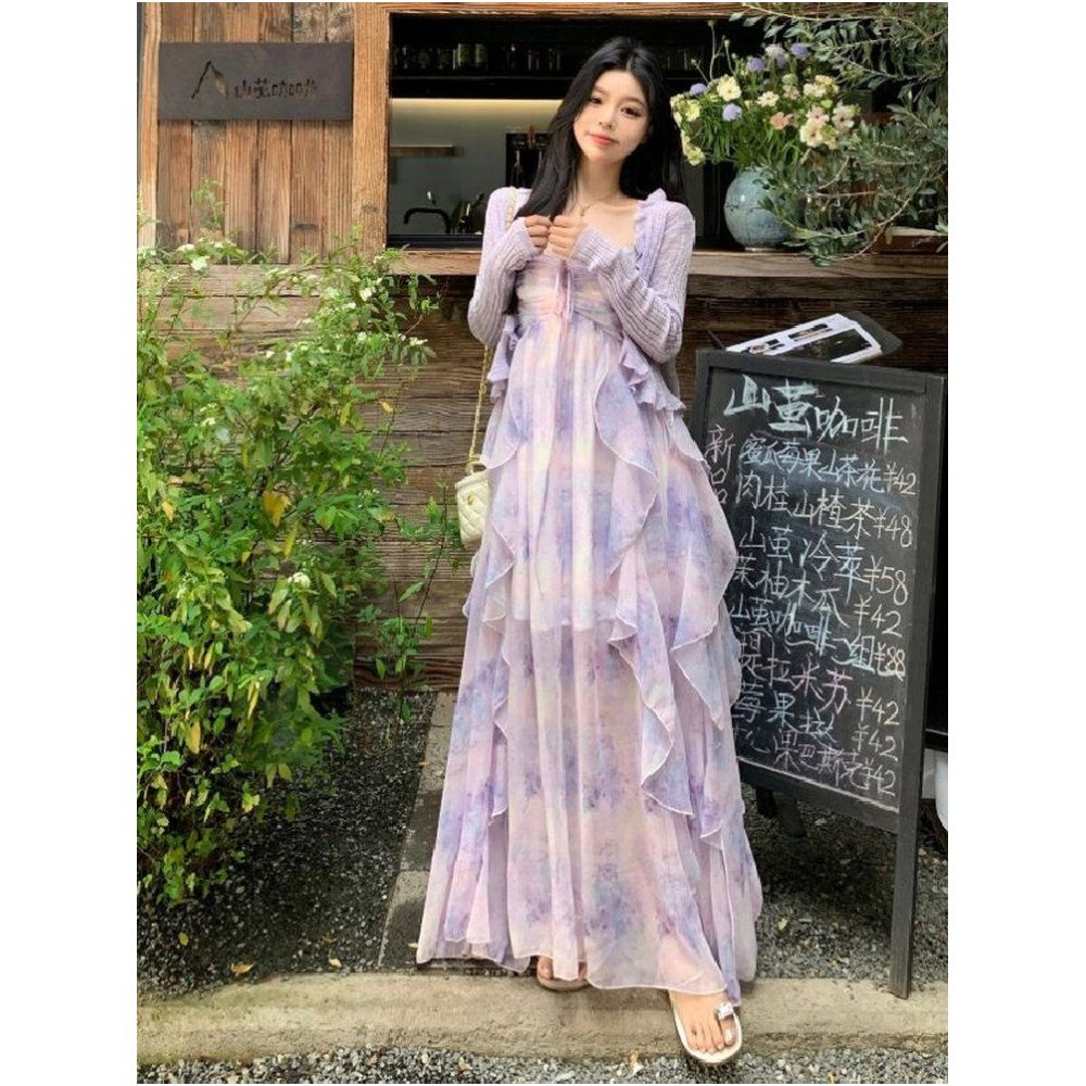 French style exquisite fairy like purple chiffon camisole dress for women in summer plus size fat mm with a flowing and elegant ruffled edge dress image 2