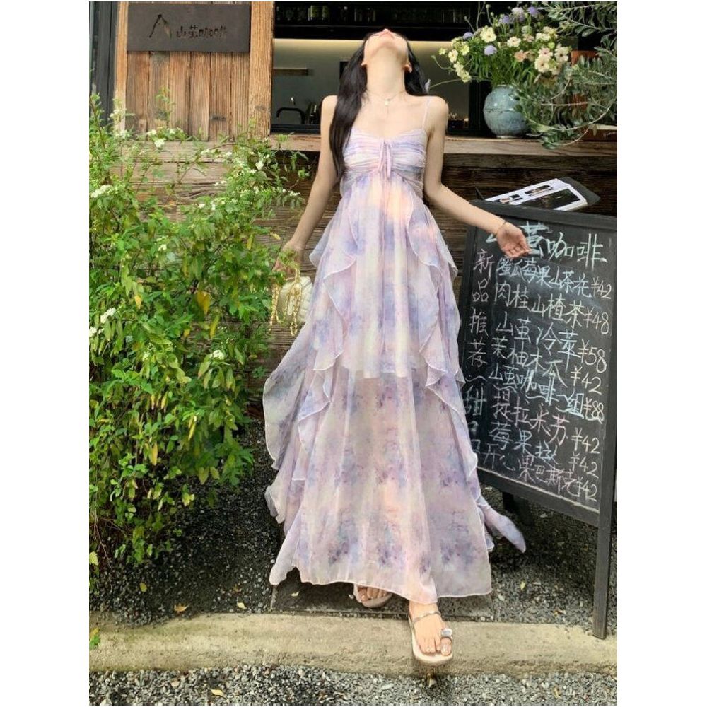 French style exquisite fairy like purple chiffon camisole dress for women in summer plus size fat mm with a flowing and elegant ruffled edge dress image 3