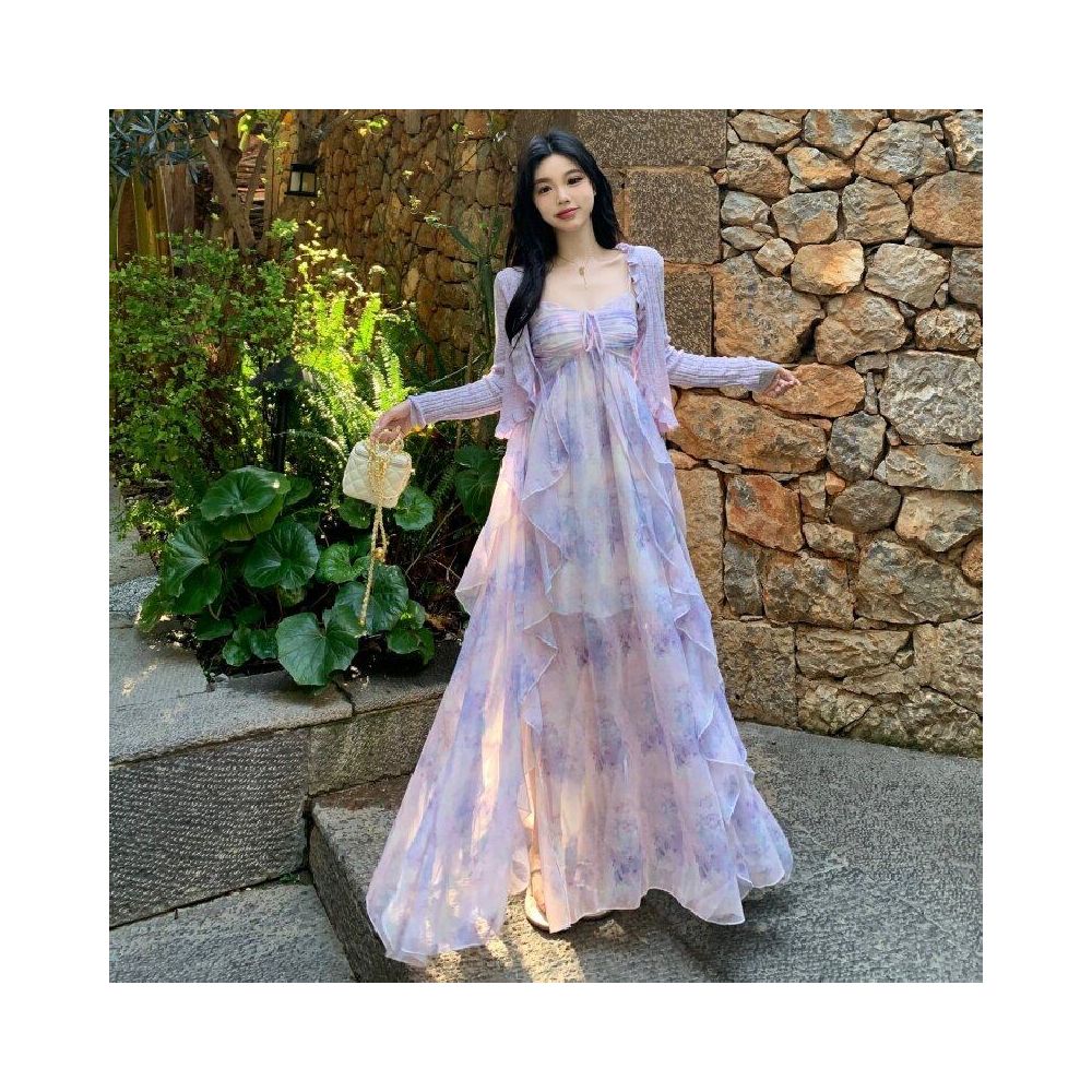 French style exquisite fairy like purple chiffon camisole dress for women in summer plus size fat mm with a flowing and elegant ruffled edge dress
