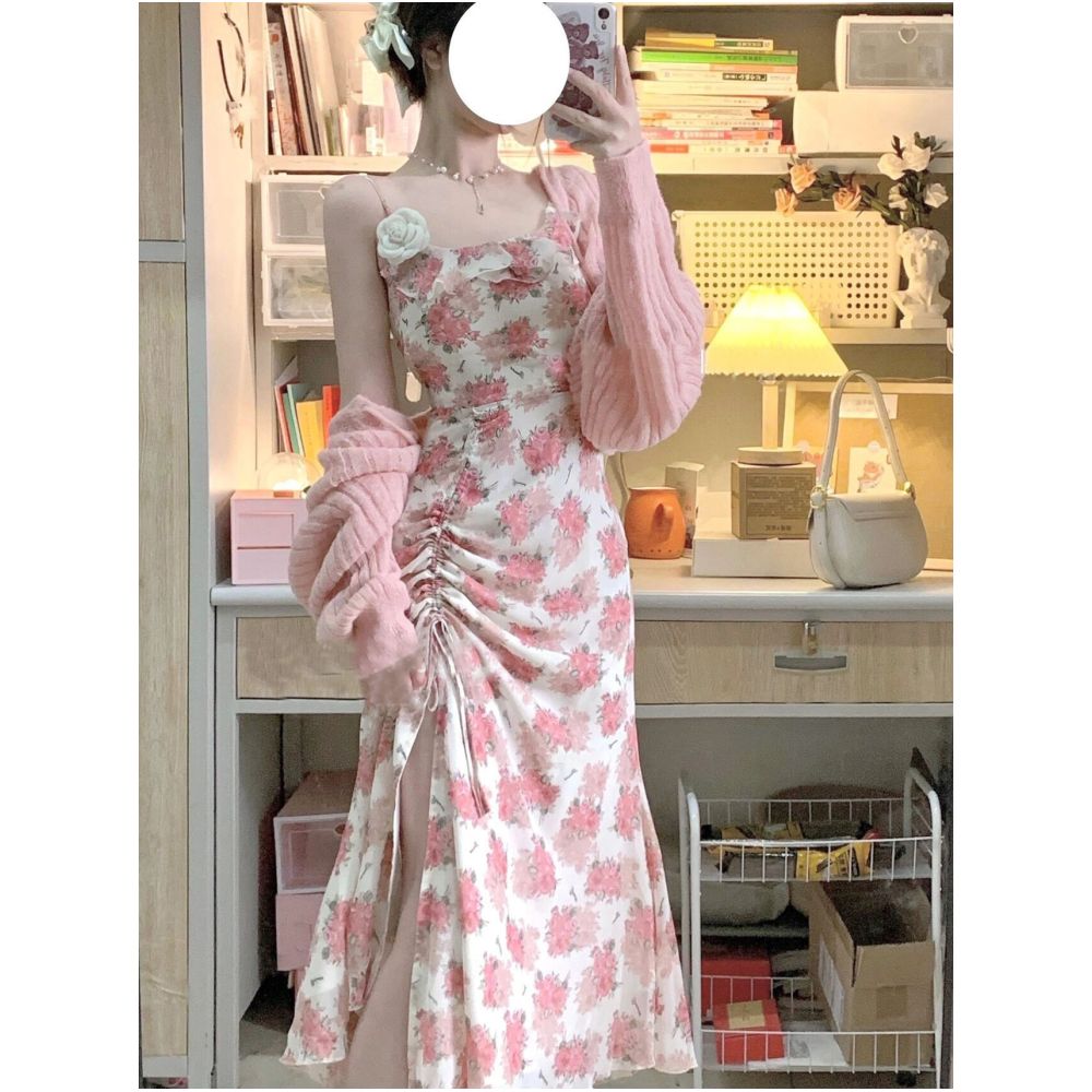 Elegant and pure sweet camisole long dress set for women summer plus size chubby sister slimming dress sun protection shirt two piece set image 0