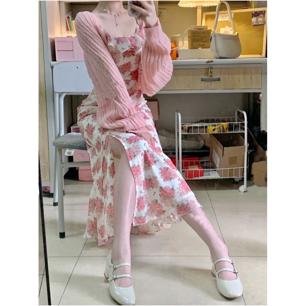 Elegant and pure sweet camisole long dress set for women summer plus size chubby sister slimming dress sun protection shirt two piece set