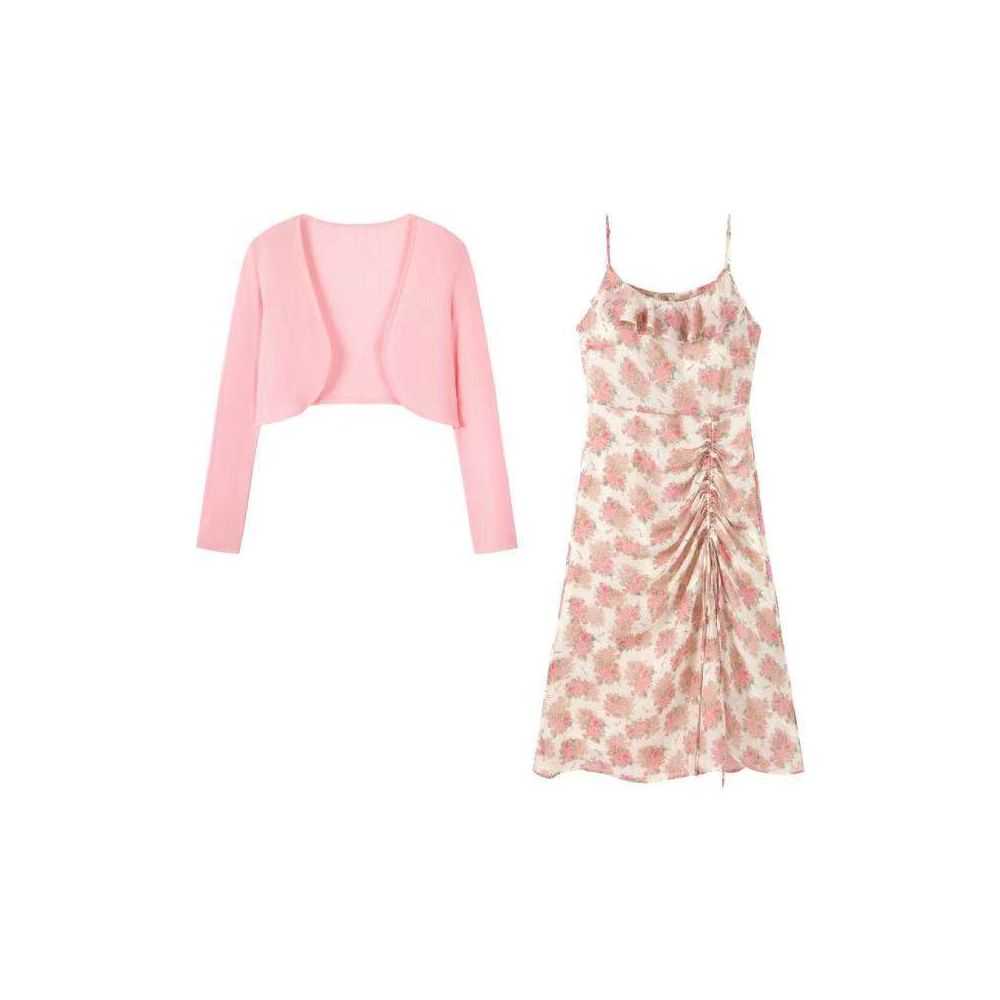 Elegant and pure sweet camisole long dress set for women summer plus size chubby sister slimming dress sun protection shirt two piece set