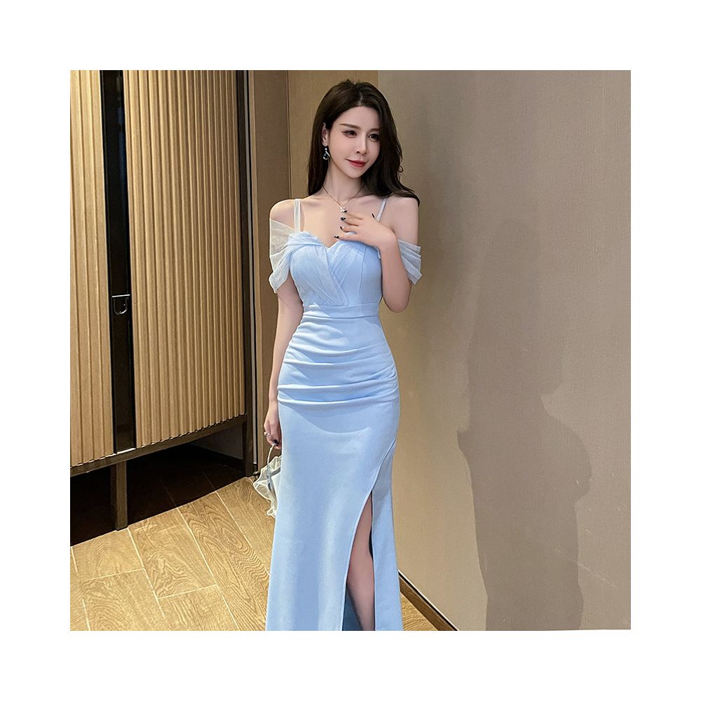 Sexy off shoulder halter evening dress new summer style karaoke and foot massage technician uniform slim fit slit bodycon long skirt image 1