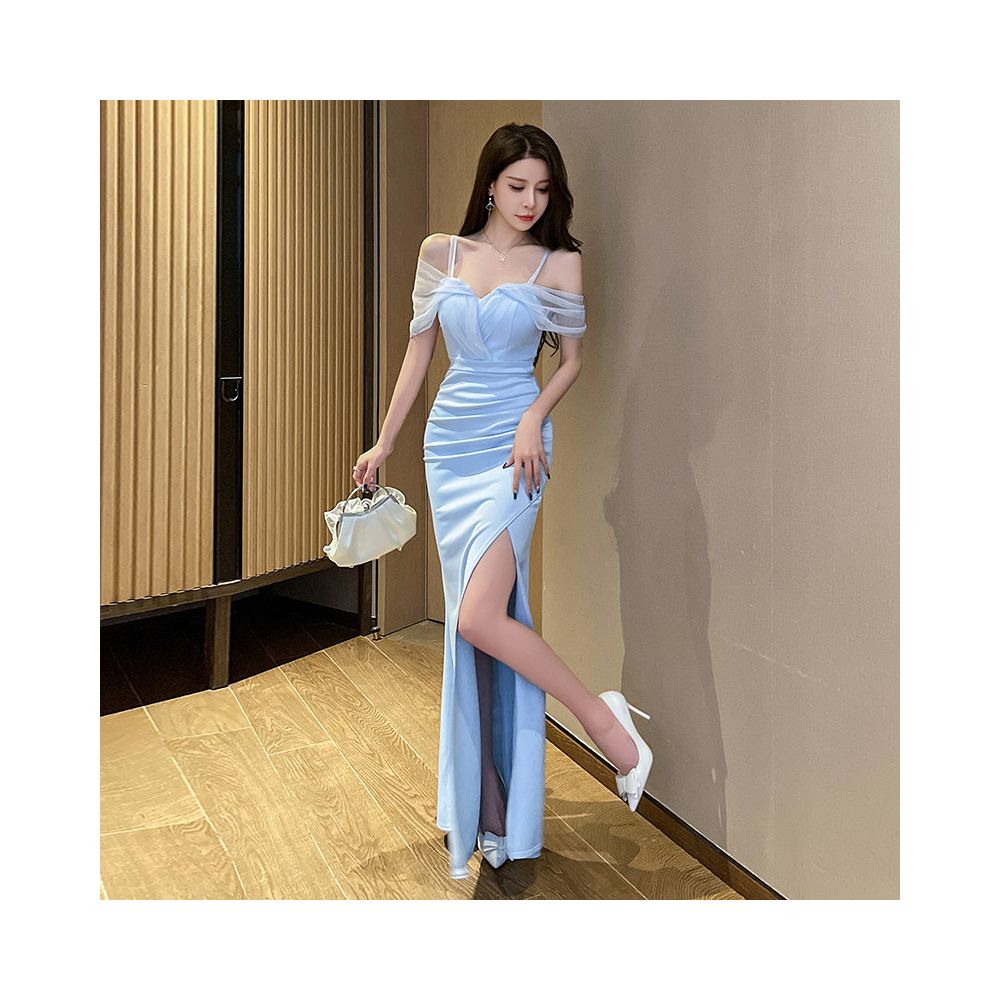 Sexy off shoulder halter evening dress new summer style karaoke and foot massage technician uniform slim fit slit bodycon long skirt