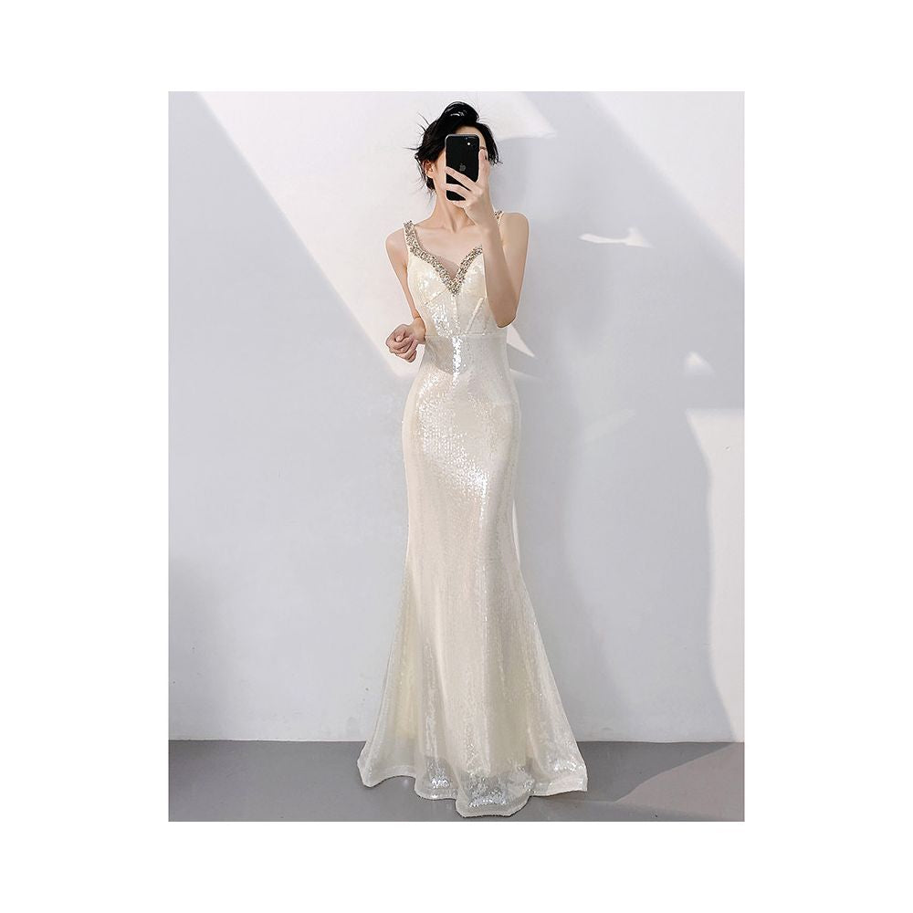High end evening gown for women 2025 new style elegant green sequined fishtail long dress for banquets V neck