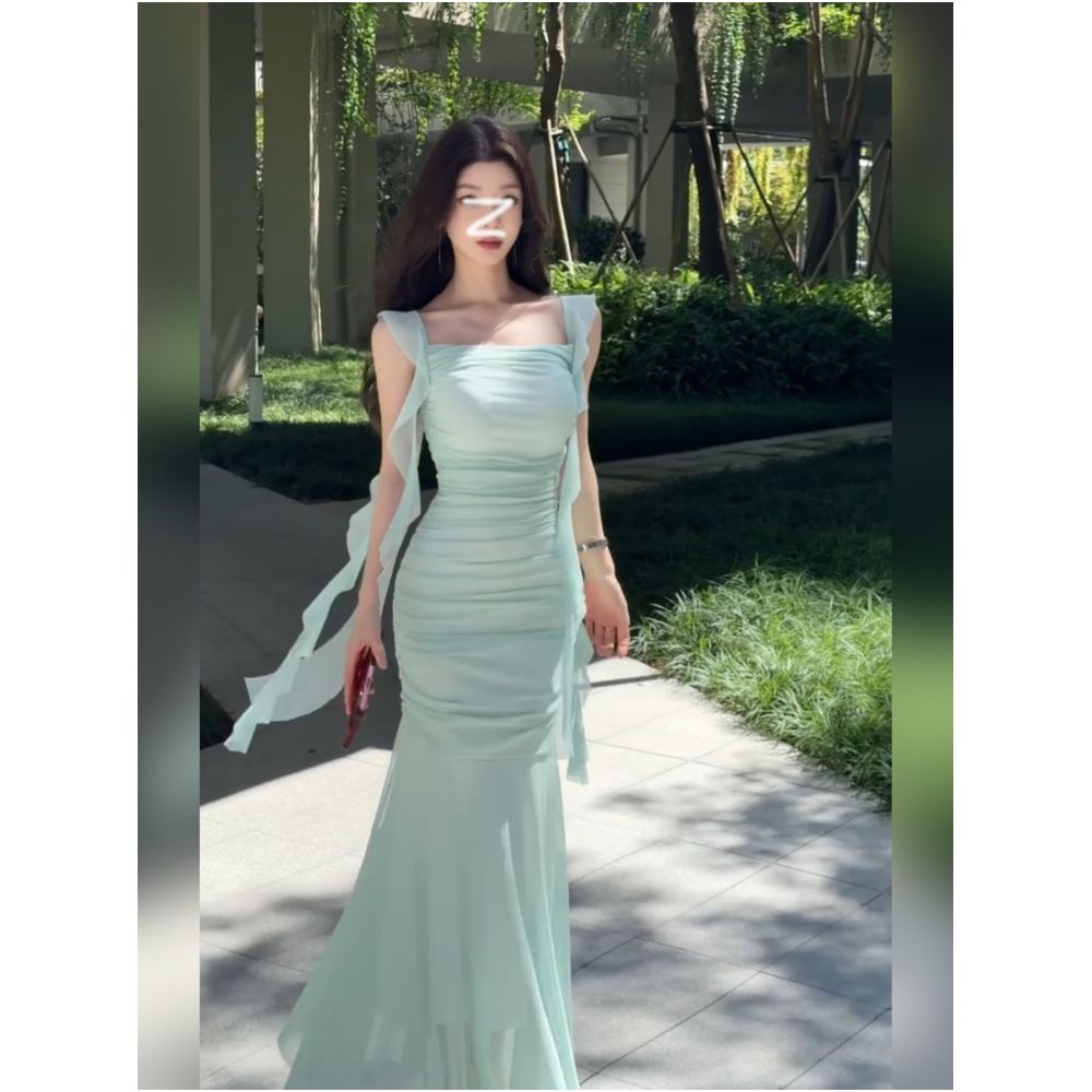 French style exquisite green mesh sundress for women perfect for summer beach vacations elegant fitted waist bodycon fishtail maxi skirt image 0