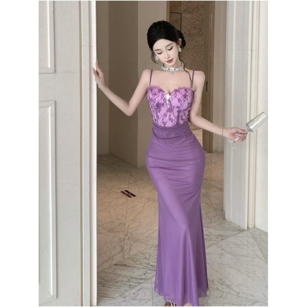 Niche elegant and sophisticated evening gown fashionable and sexy figure hugging mesh paneled slip dress image 1