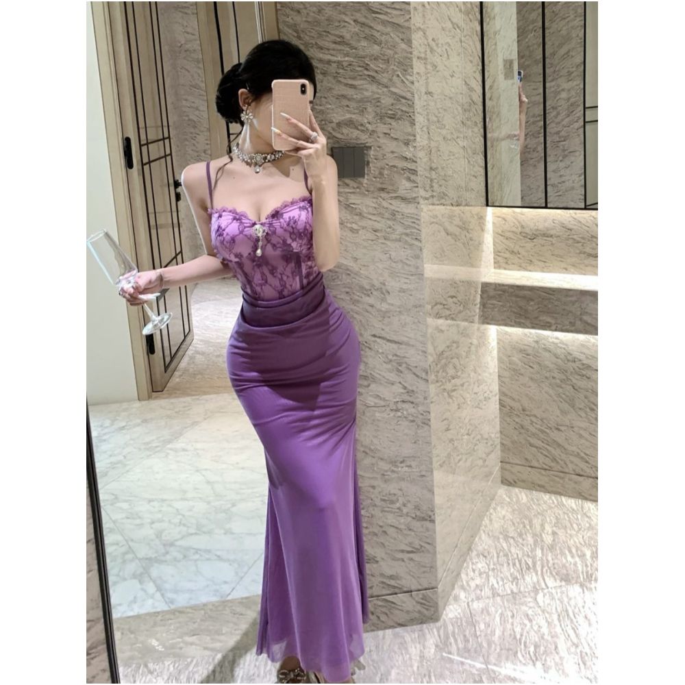 Niche elegant and sophisticated evening gown fashionable and sexy figure hugging mesh paneled slip dress image 4