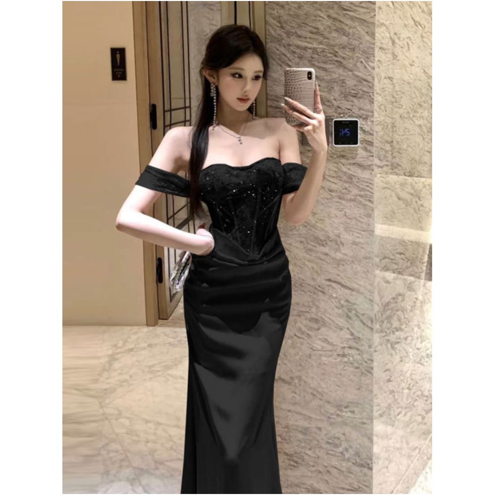 Elegant and sophisticated style sexy off the shoulder lace evening gown bodycon dress high class and classy long skirt image 0