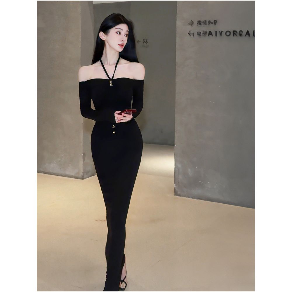 Lin Buwan s Pure and Alluring Halter Neck Off Shoulder Long Sleeved Dress Autumn Winter Elegant High End Sexy and Slim Fit Long Gown image 4