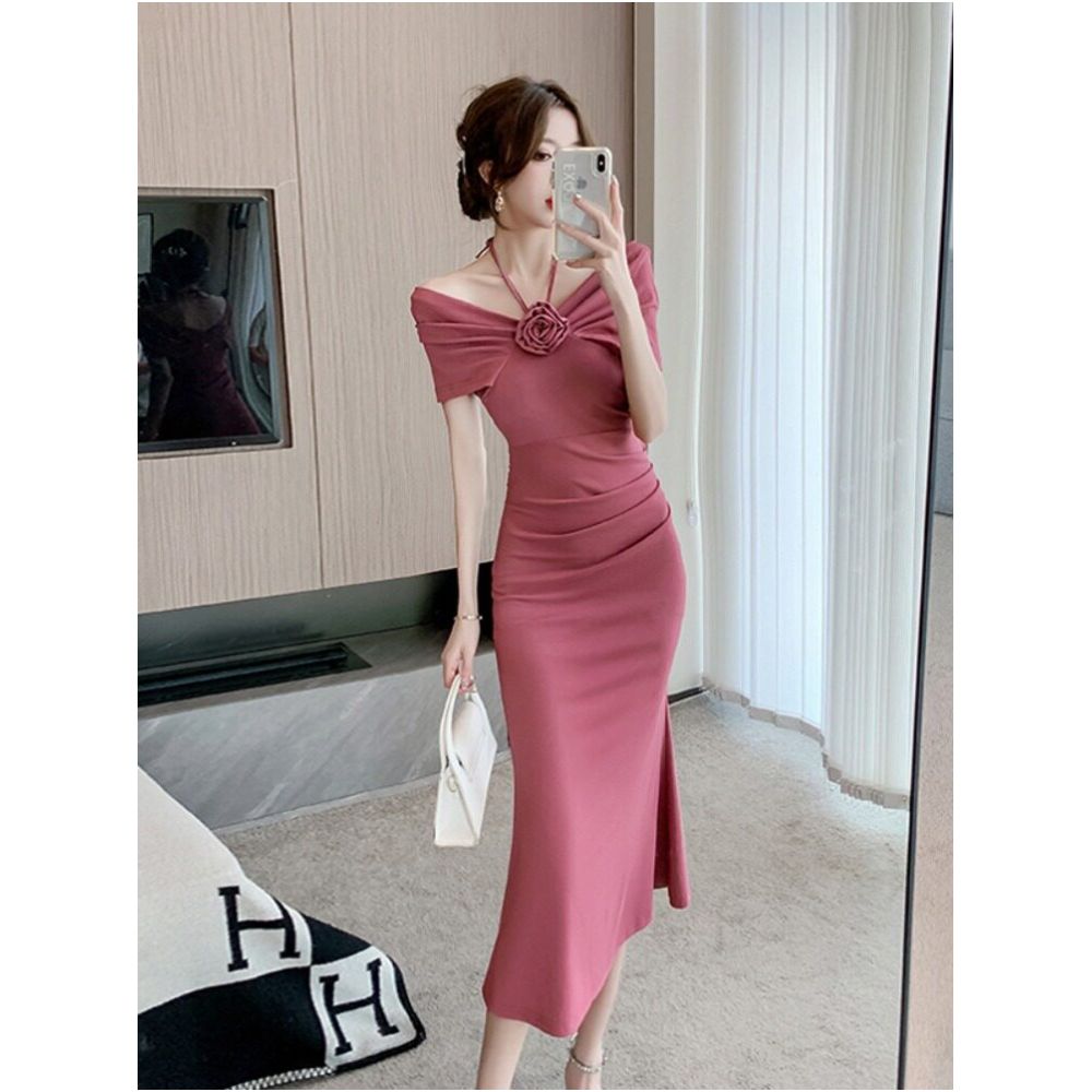 Korean chic summer French style off shoulder halter neck floral high end slim fit slit bodycon fishtail dress for women image 0