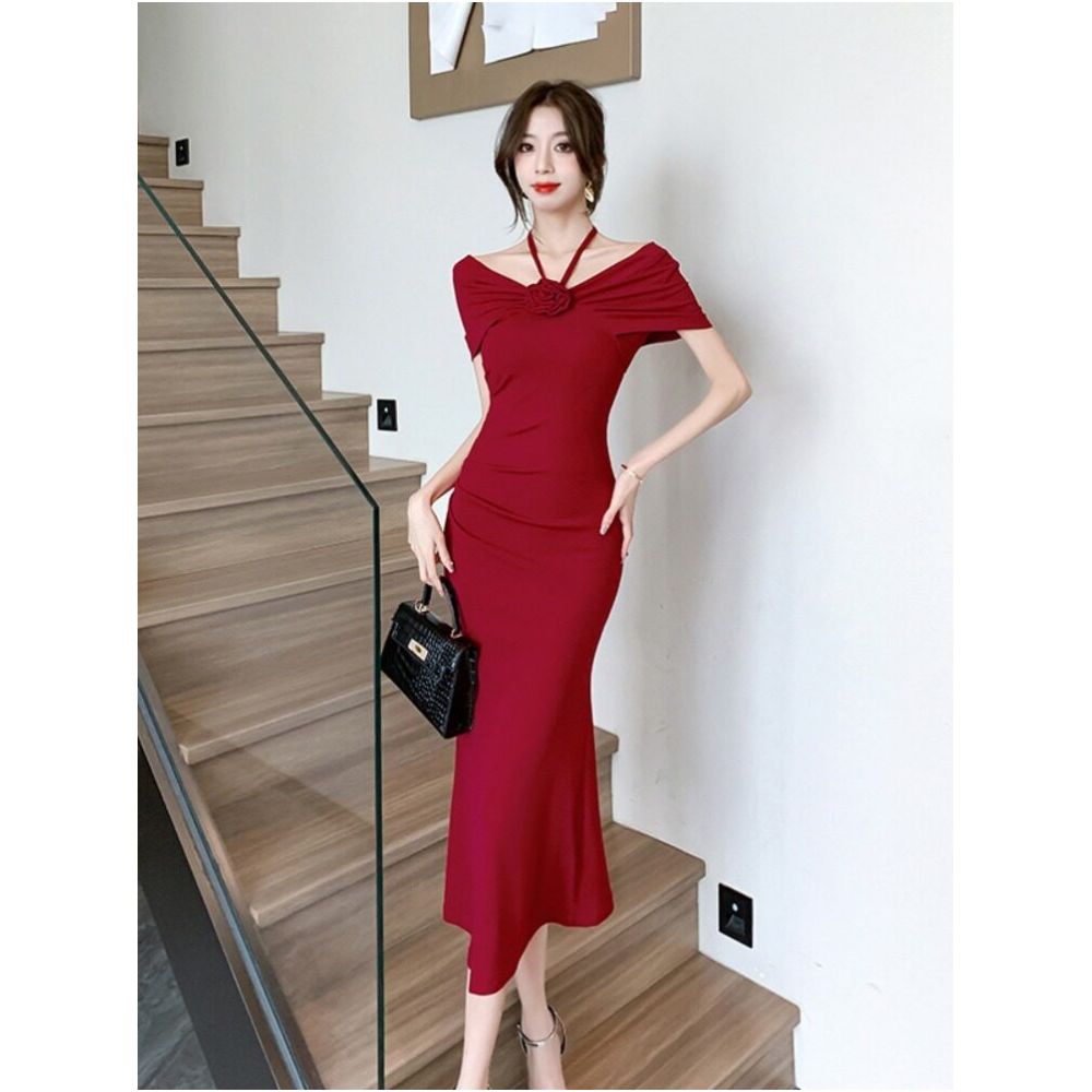 Korean chic summer French style off shoulder halter neck floral high end slim fit slit bodycon fishtail dress for women image 2