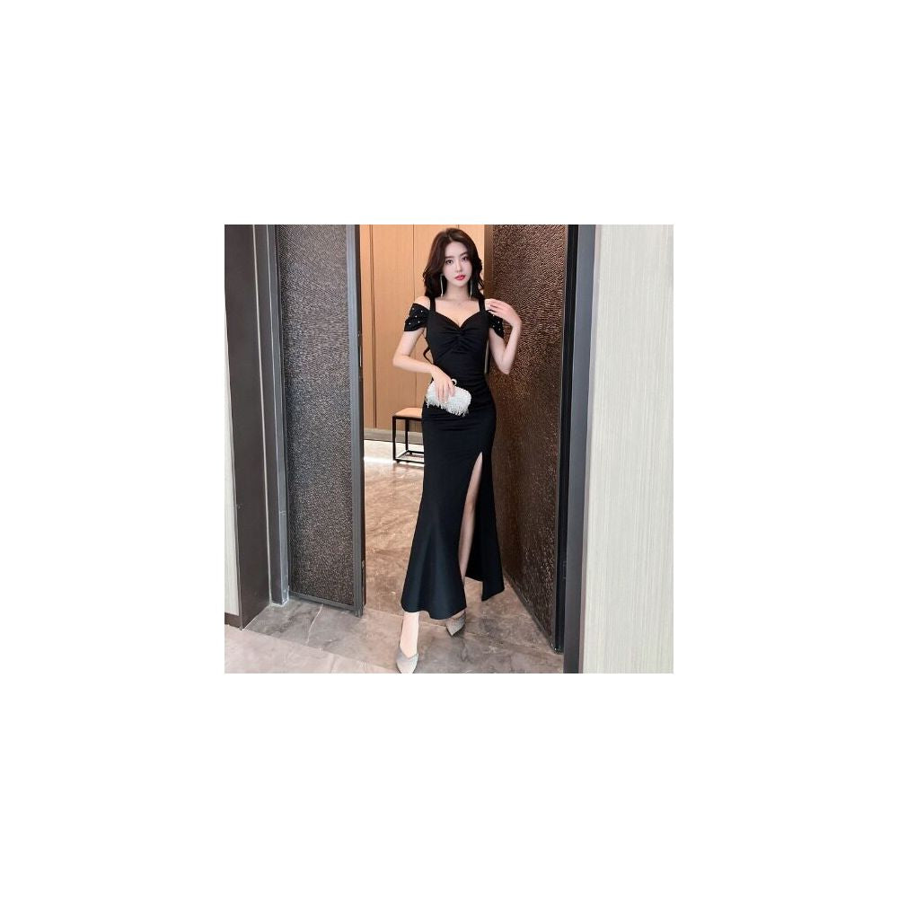 Korean chic summer high end banquet evening dress elegant off shoulder short sleeved slim fit fishtail dress for women