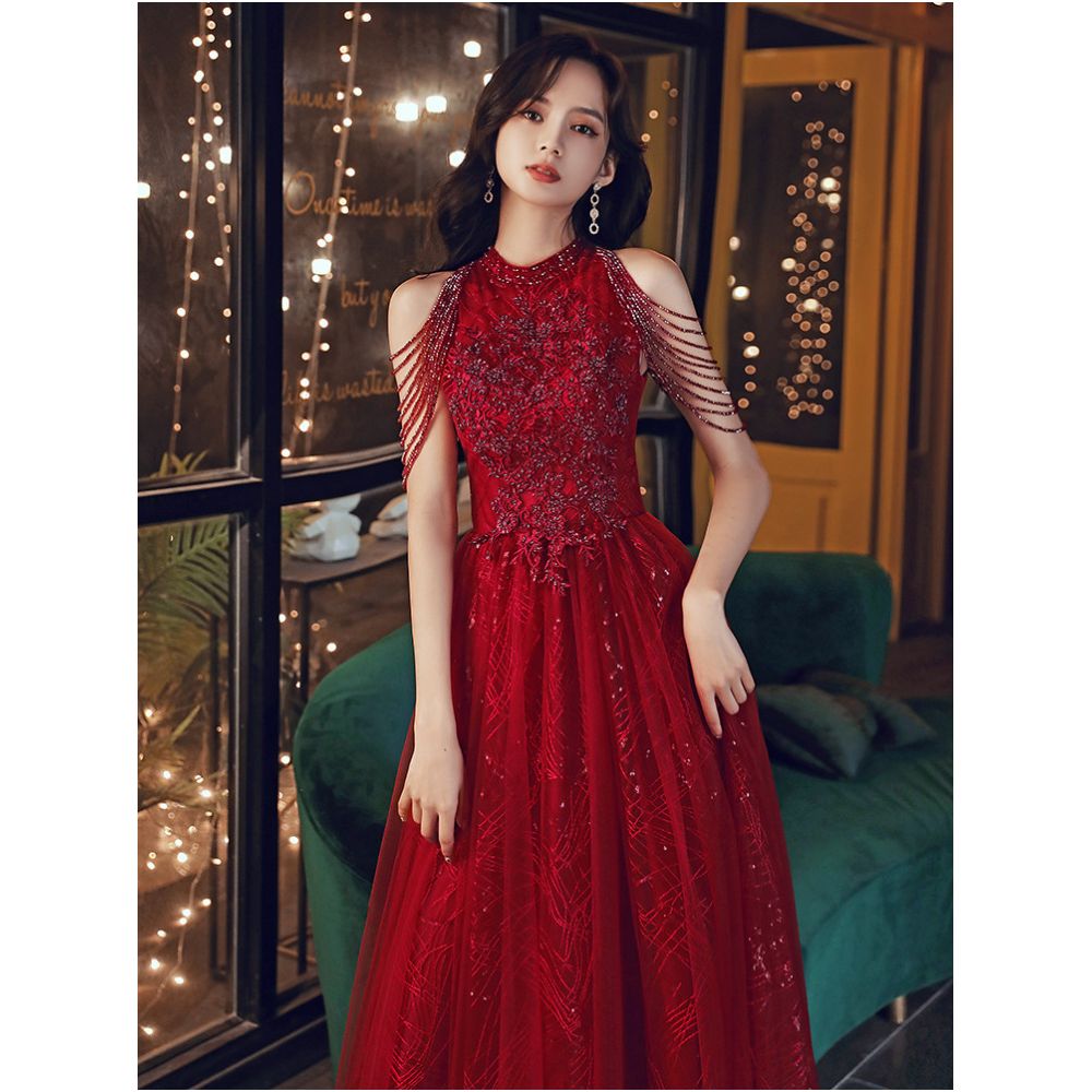Wine red wedding dress for brides exuding elegance and sophistication featuring delicate tassels on the shoulders a touch of understated luxury image 1