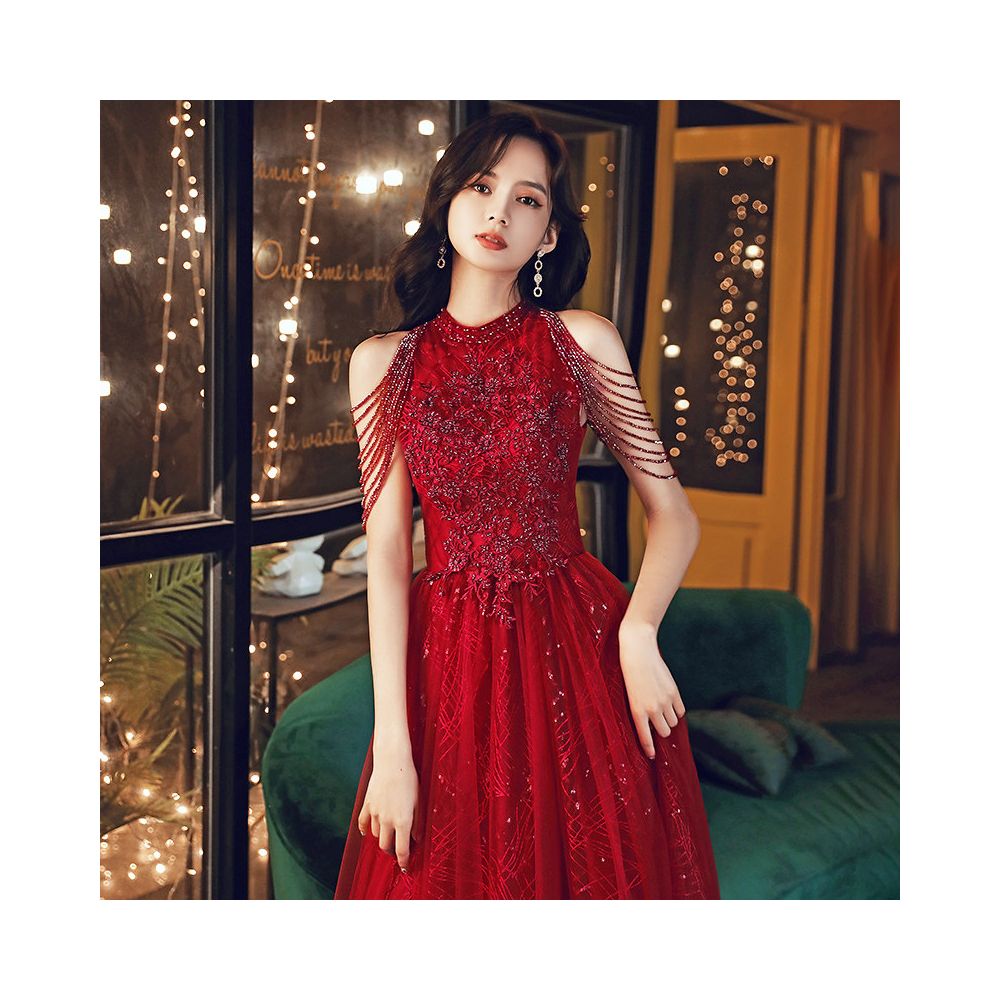 Wine red wedding dress for brides exuding elegance and sophistication featuring delicate tassels on the shoulders a touch of understated luxury