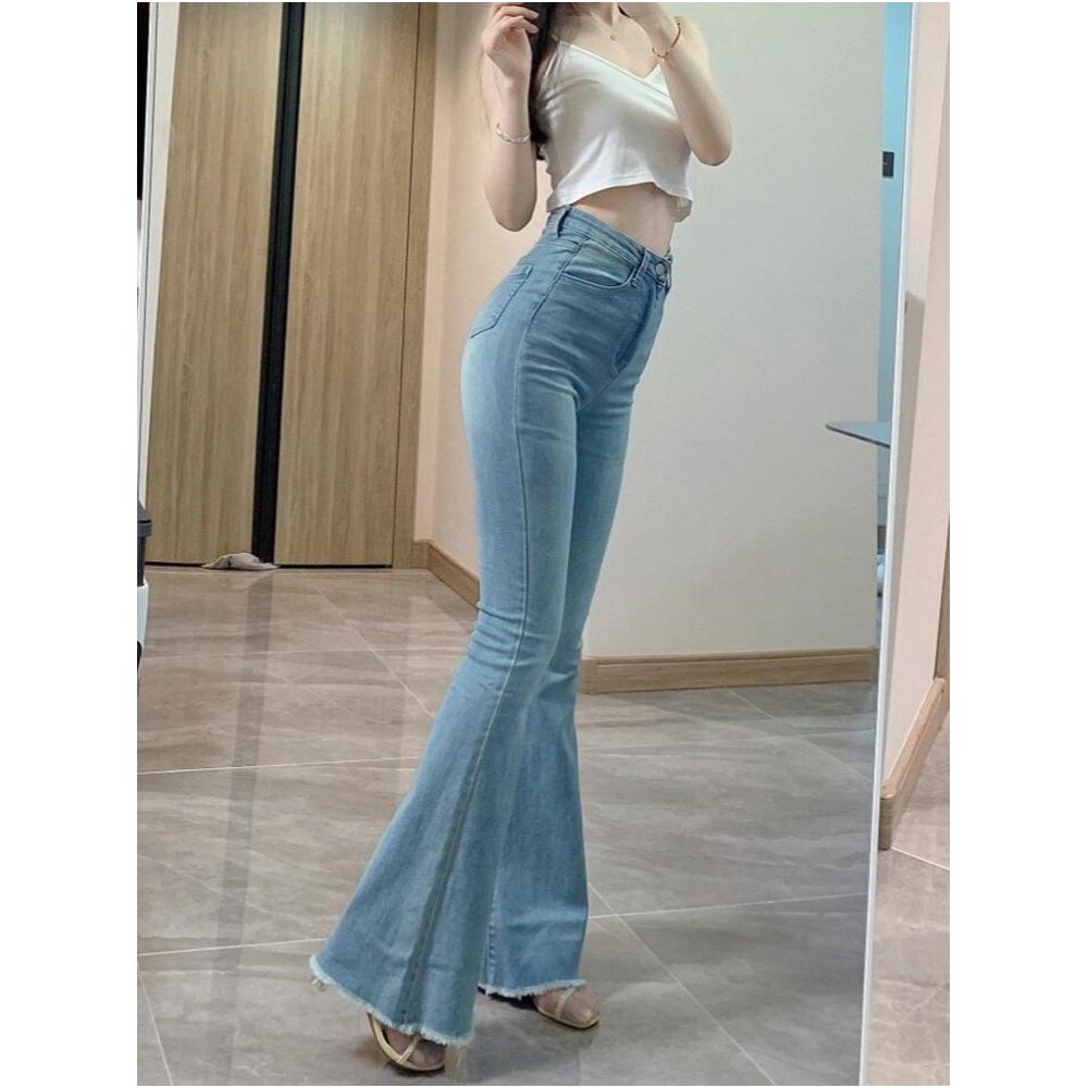 Plus size retro flared jeans for women with pear shaped figures high waisted stretchy slimming frayed hem long pants image 3