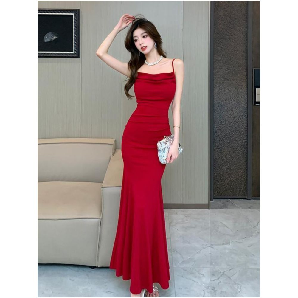 Plus size 300 lbs French style high end retro lotus patterned dress figure hugging hip hugging suspender skirt image 3
