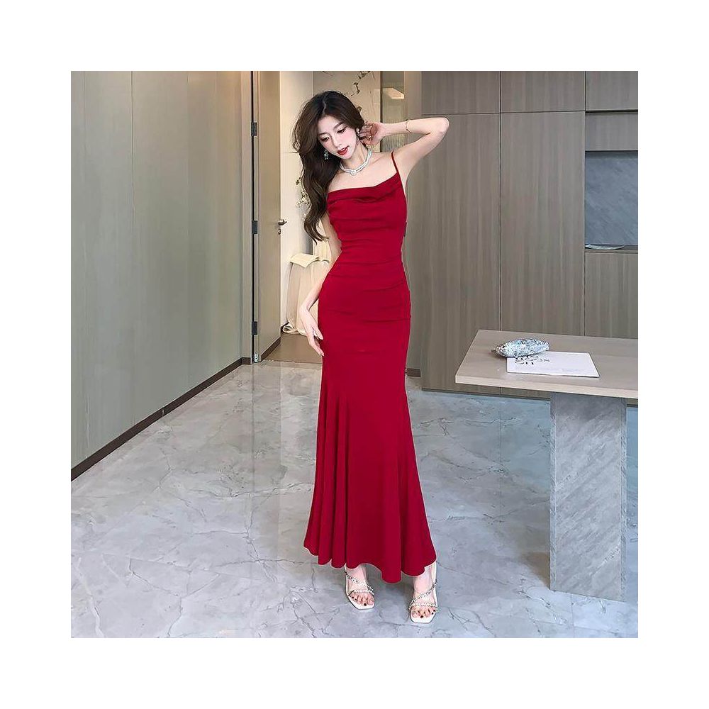 Plus size 300 lbs French style high end retro lotus patterned dress figure hugging hip hugging suspender skirt