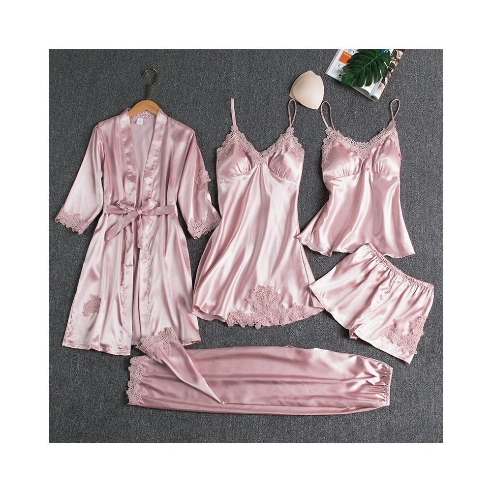 Women s Pajama Set with Padded Bra Spring Autumn and Summer Five Piece Silk Pajama Set Sexy Slip Dress Long Sleeved Robe Home Wear image 4