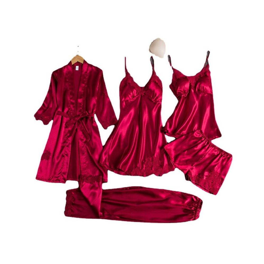 Women s Pajama Set with Padded Bra Spring Autumn and Summer Five Piece Silk Pajama Set Sexy Slip Dress Long Sleeved Robe Home Wear image 5