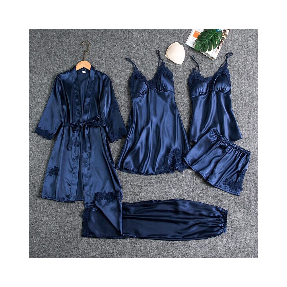Women s Pajama Set with Padded Bra Spring Autumn and Summer Five Piece Silk Pajama Set Sexy Slip Dress Long Sleeved Robe Home Wear