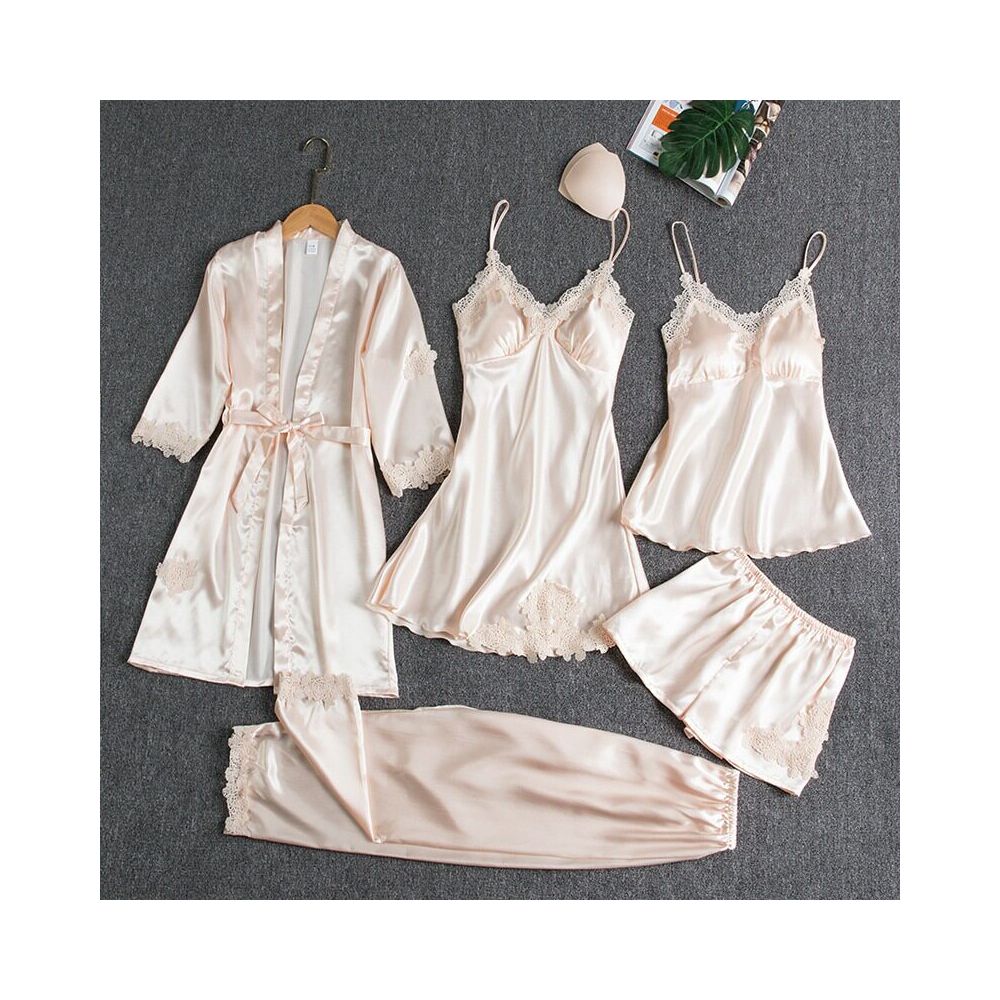Women s Pajama Set with Padded Bra Spring Autumn and Summer Five Piece Silk Pajama Set Sexy Slip Dress Long Sleeved Robe Home Wear