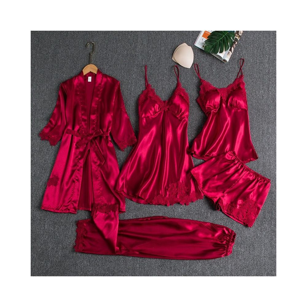 Women s Pajama Set with Padded Bra Spring Autumn and Summer Five Piece Silk Pajama Set Sexy Slip Dress Long Sleeved Robe Home Wear