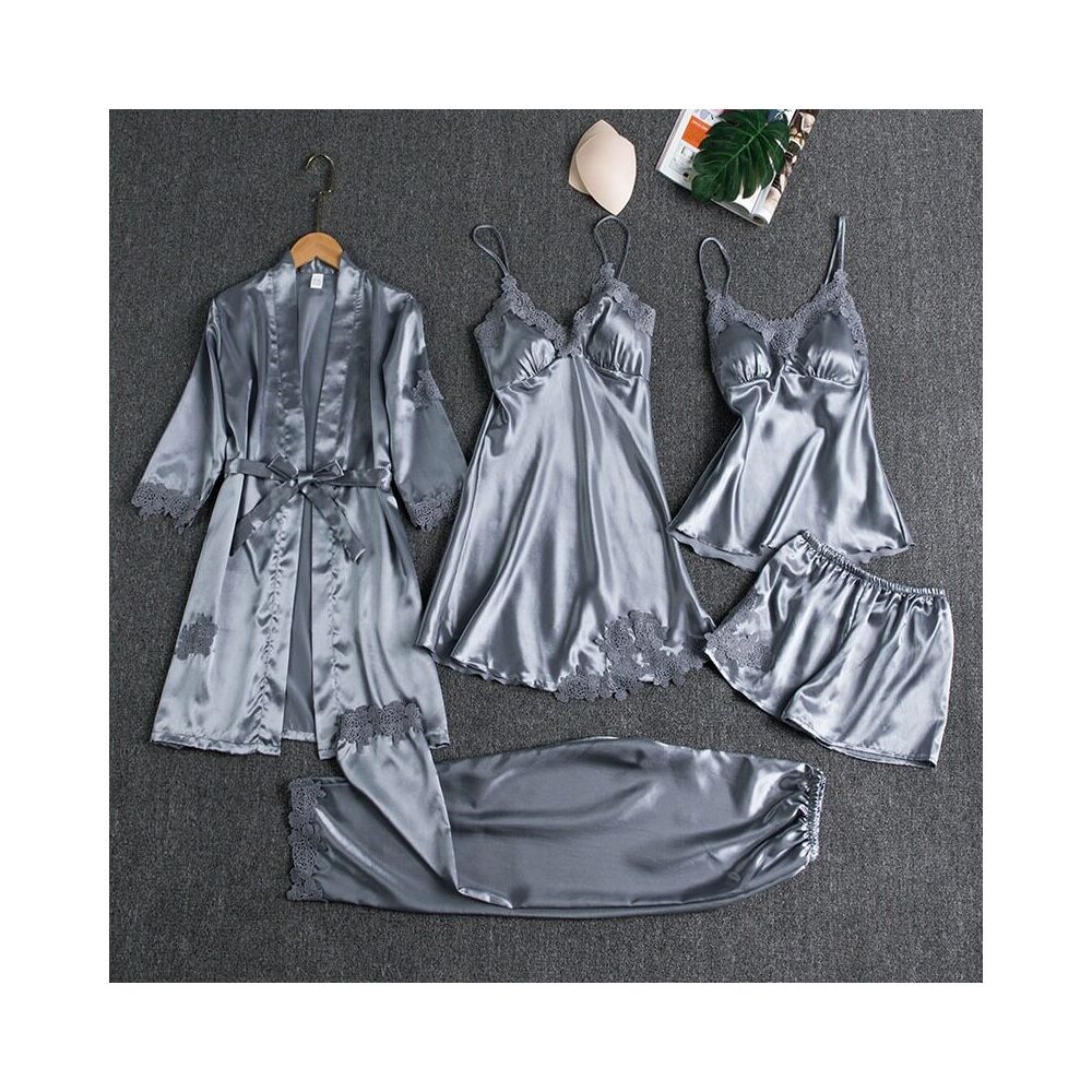 Women s Pajama Set with Padded Bra Spring Autumn and Summer Five Piece Silk Pajama Set Sexy Slip Dress Long Sleeved Robe Home Wear