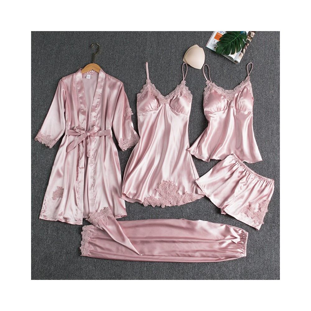 Women s Pajama Set with Padded Bra Spring Autumn and Summer Five Piece Silk Pajama Set Sexy Slip Dress Long Sleeved Robe Home Wear