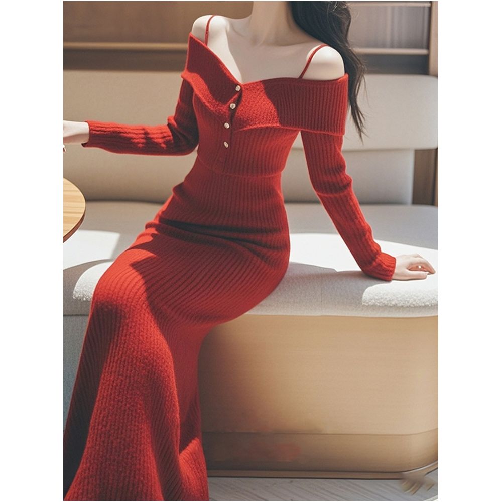Super beautiful off shoulder red knit dress new autumn winter 2025 style elegant and sophisticated slim fitting long dress image 5