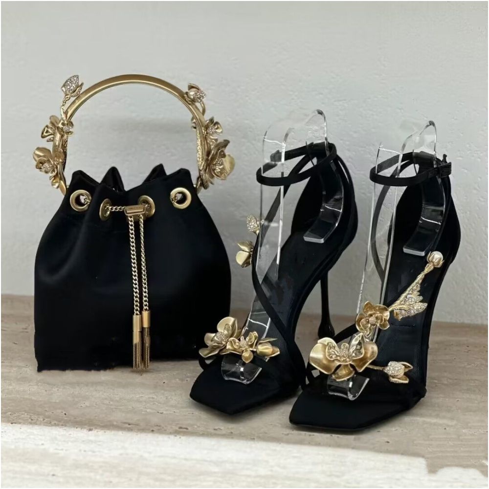 Women s high heeled sandals with gold floral square toe stiletto heels and a sexy open toe design